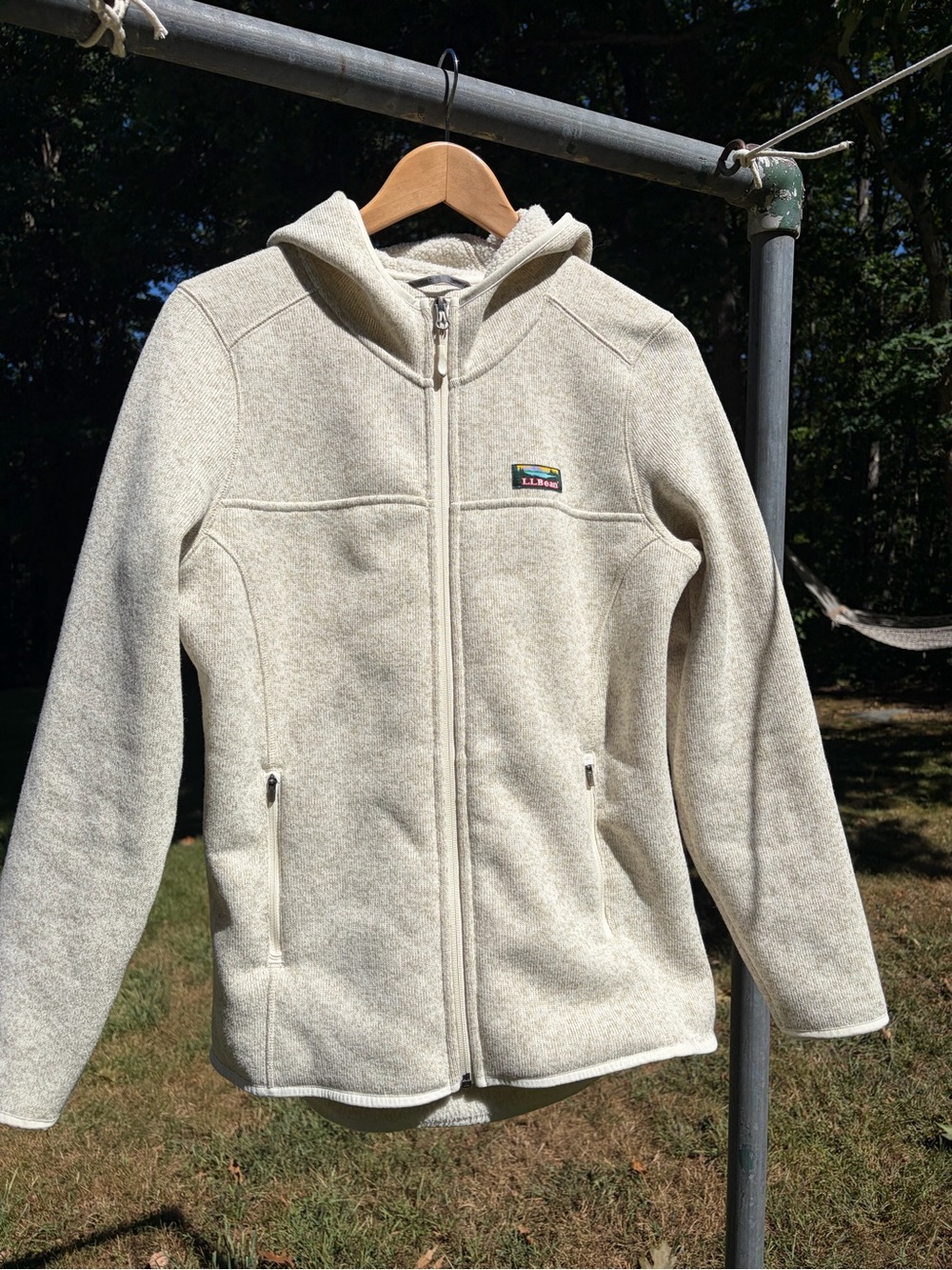 LL Bean Sweater Fleece Full Zip Hooded Jacket Oatmeal Heather M Medium excellent